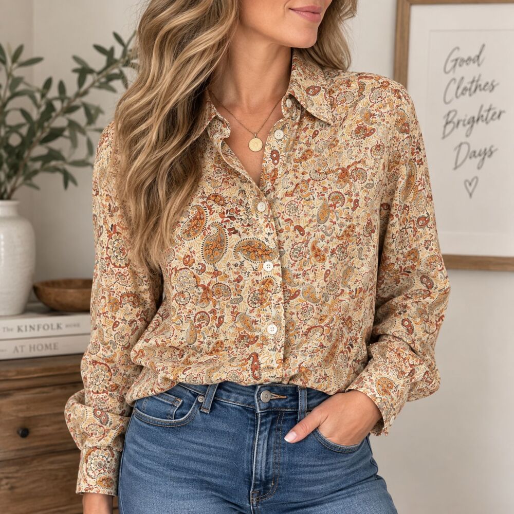 Vintage Evan-Picone Paisley Button Down Shirt Sz M Tan Brown Boho Long Sleeve